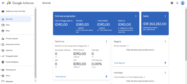 Screenshoot dashboard AdSense